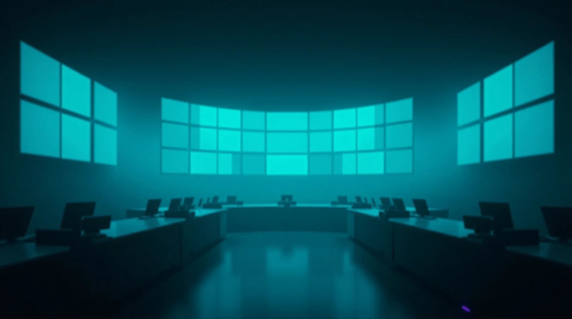 A wall of teal trading terminals receding into darkness